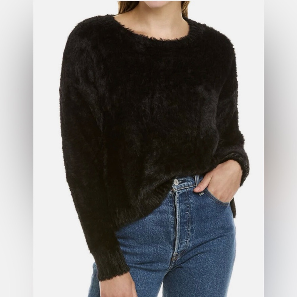 Bella Dahl Black Fuzzy Slouchy Crewneck Sweater Soft Teddy Fall Winter Classy XS